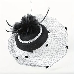 🖤 Pinup Accessory 1950s Retro Vintage Fascinator Black Pillbox Pearl Veil Hat